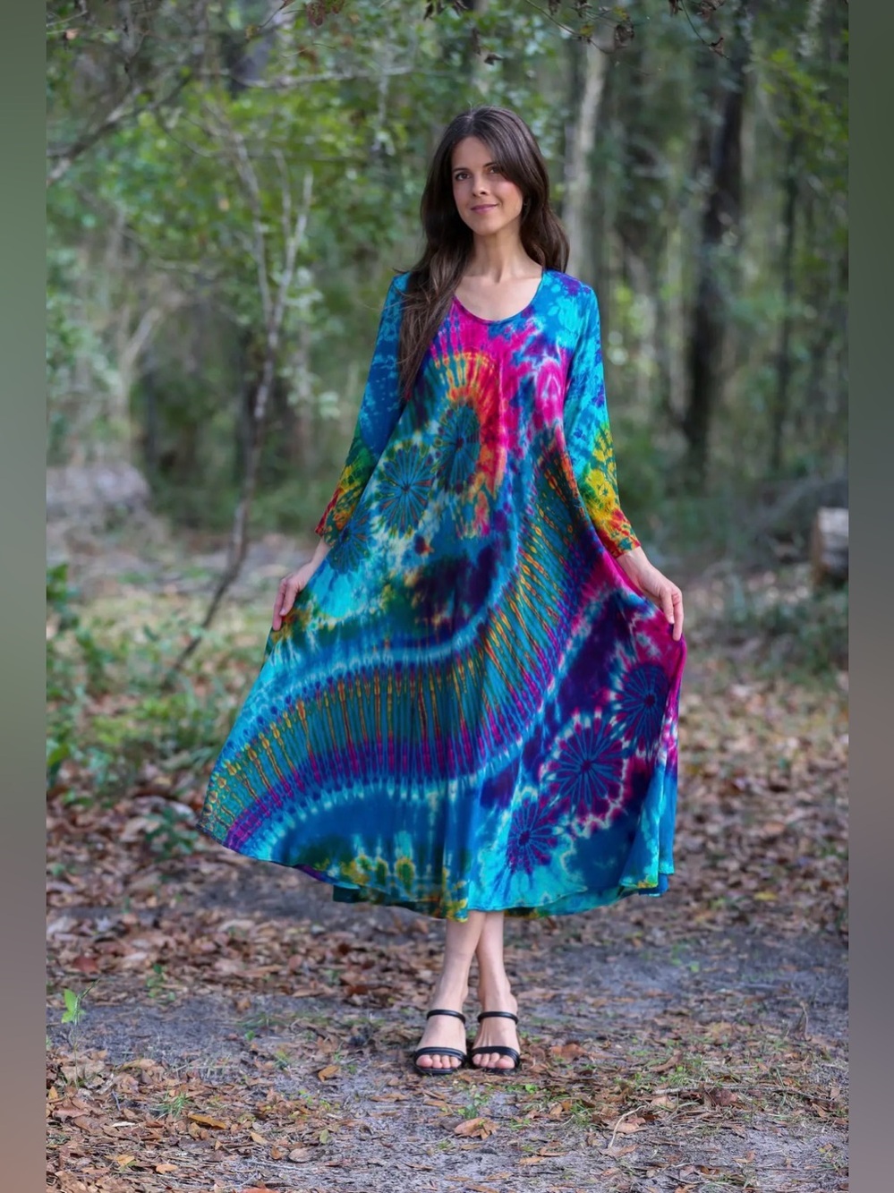 Sacred Threads Tie Dye Long Bell Sleeve Rayon Maxi Dress